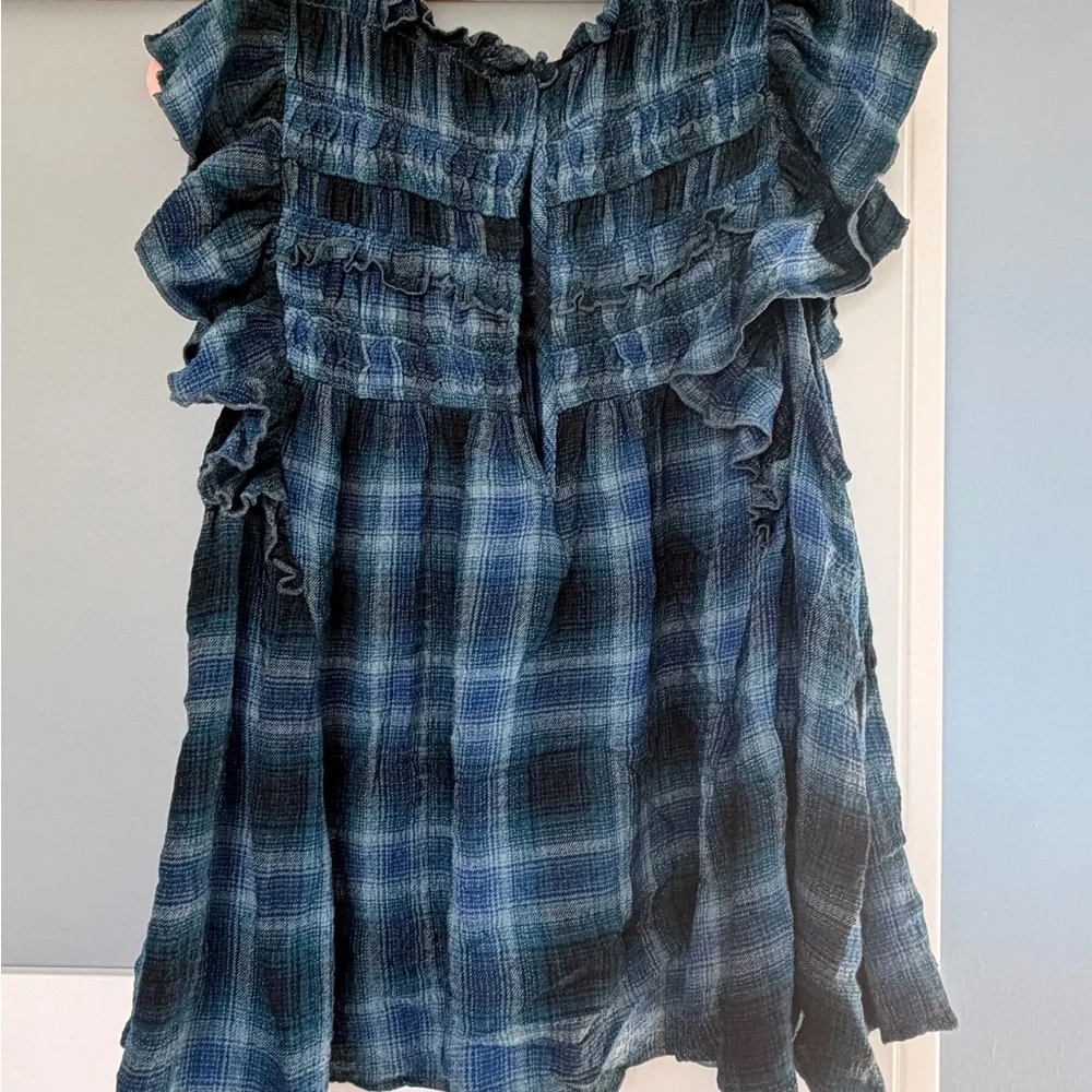 Free People Blue Plaid Ruffle Top - Picture 3 of 3